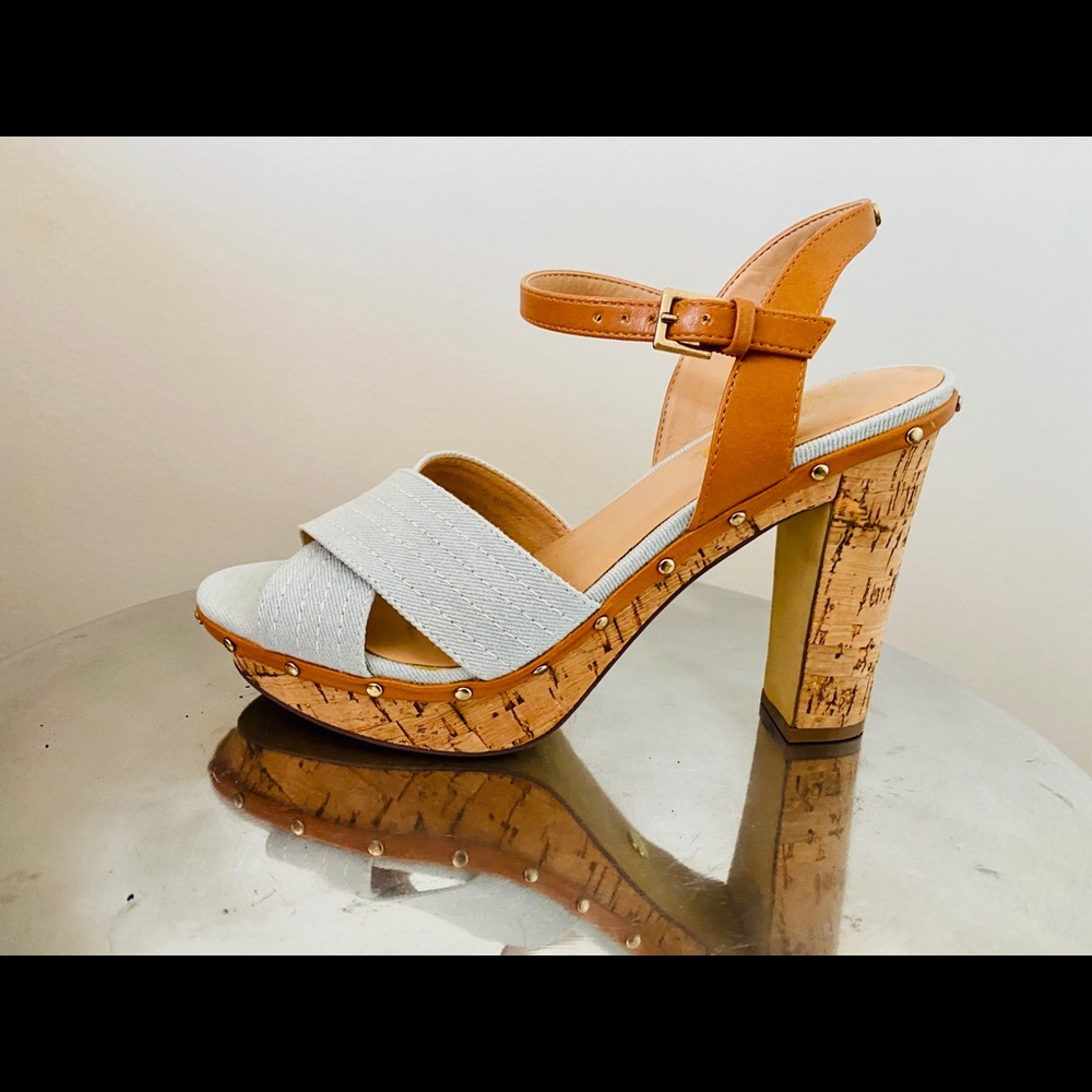 Cork and denim platform block heels